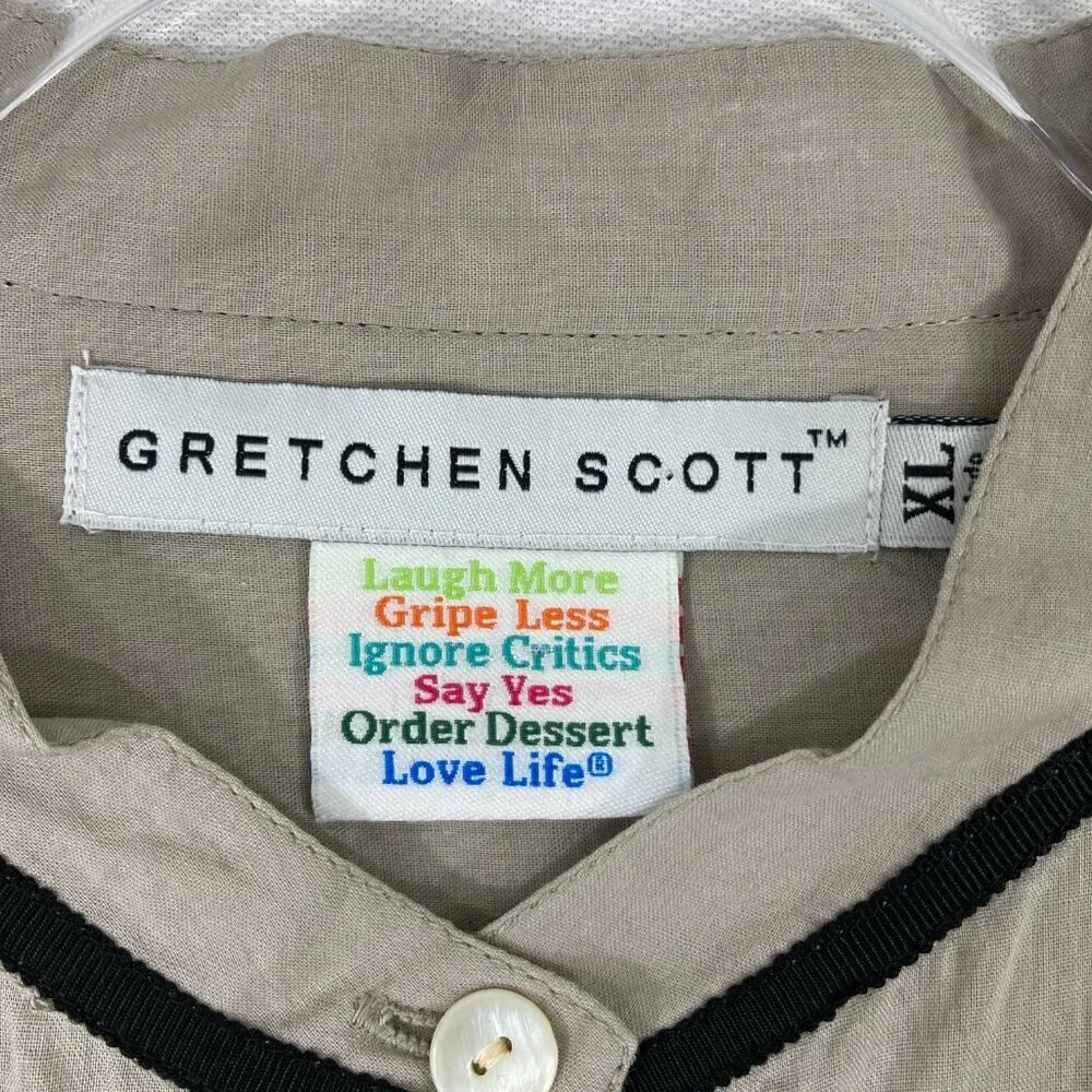 Gretchen Scott Gray Black Trim 3/4 Sleeve Cotton Button Down XL Preppy